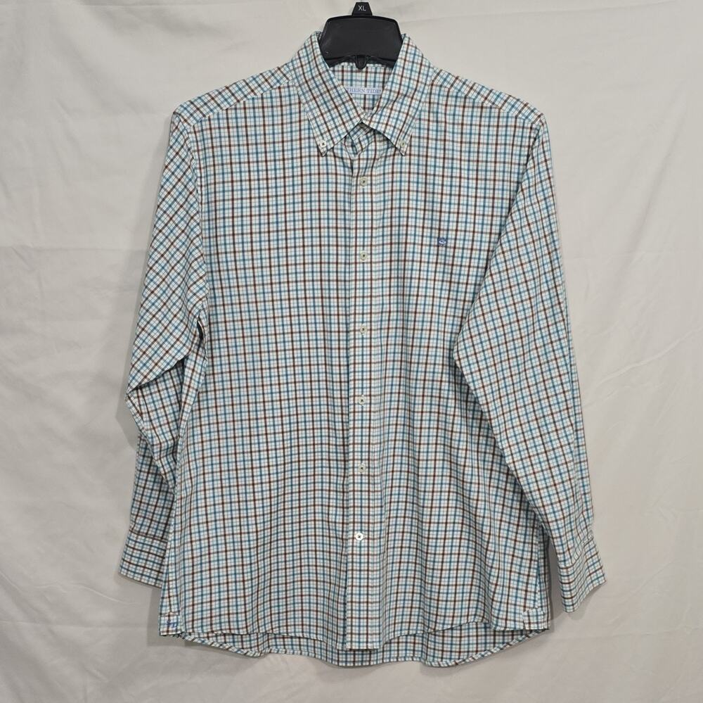 Southern Tide Men's L Blue Brown Plaid Cotton Stretch Button Down Shirt Preppy